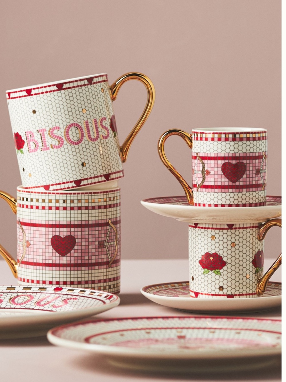 Anthropologie Bistro Espresso Cup Saucer 24KT Tile Stoneware Heart Bow & Arrow - Picture 5 of 14